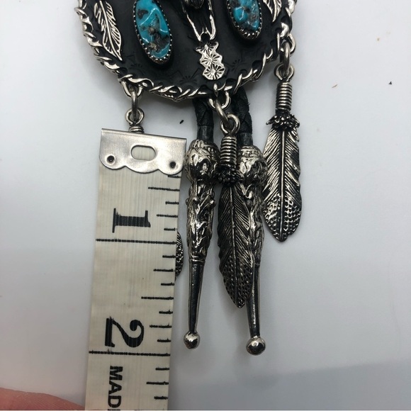 Ssi USA Turquoise & Pewter Bull Skull Pewter Bolo w Feathers 29” + 4” Pendant - Picture 9 of 9